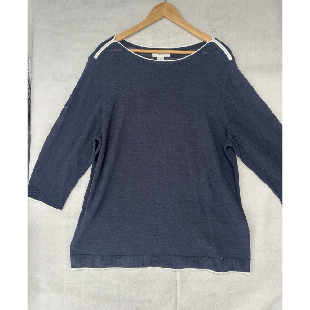 CJ Banks Navy Tight Weave Cotton Blend Knit Sweater 1X White Trim Nautical